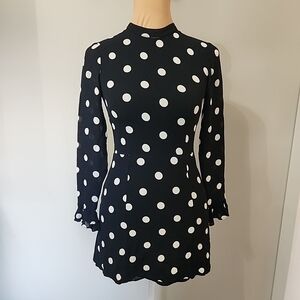 Reformation Fox Dress Black w/ White Polka Dot Size 0 ~ Sexy Mini Ruffle Sleeve